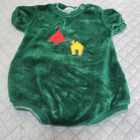 Vintage Health-tex Green Terry Cloth Baby Romper Christmas Tree House... - Picture 1 of 5